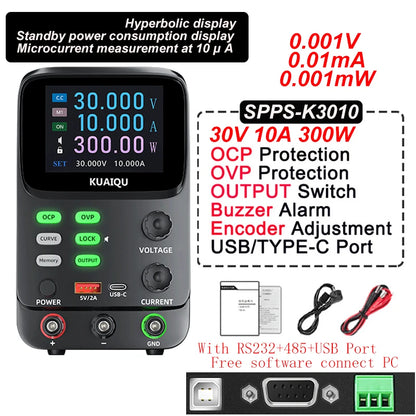 KUAIQU 5 Digits Programmable Adjustable Power Supply 30V 10A,Battery Simulation Tester,Real time Curve Display Voltage Current