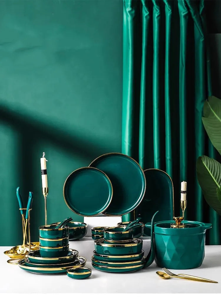 High-end Green Ceramic Plate Home Porcelain Dinner Plate Exquisite Ceramic Bowl Custom Large Size Fish Plate Kitchen Accessories.