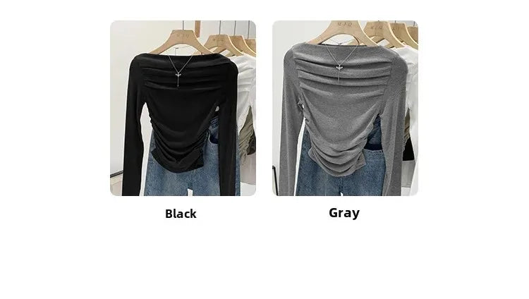 Spicy Girl Style One-Collar Ruffles Cropped Long Sleeve T-Shirt Women's Autumn/Winter New Arrival Base Layer Sweatshirt.