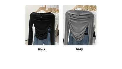 Spicy Girl Style One-Collar Ruffles Cropped Long Sleeve T-Shirt Women's Autumn/Winter New Arrival Base Layer Sweatshirt.