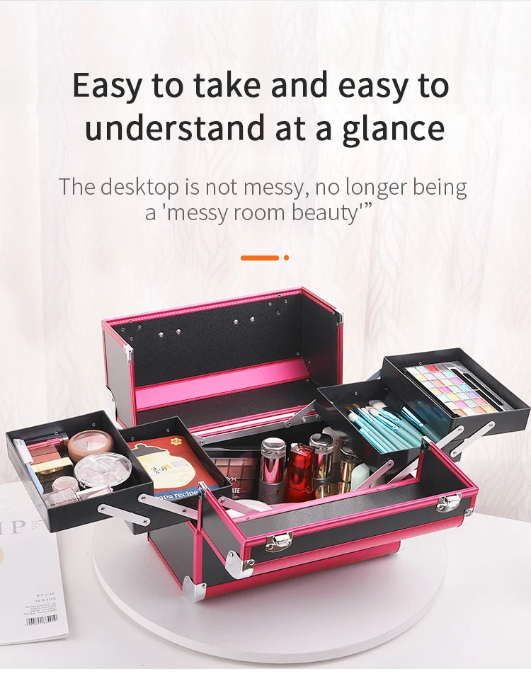 Makeup Train Case Aluminum Alloy Case Pedicure Tool Box with Handle Cosmetic Box Portable Makeup Case Organizer.