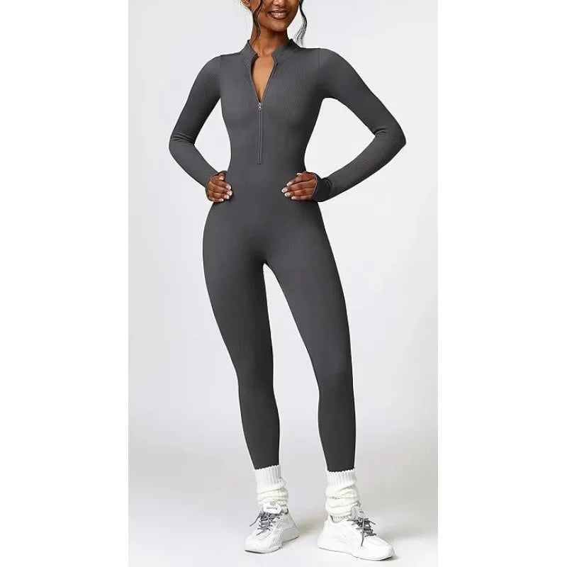 Seamless Long Sleeve Yoga Suit One-Piece Tightening Fitness Leisure Sports Jumpsuit with Zipper for Women