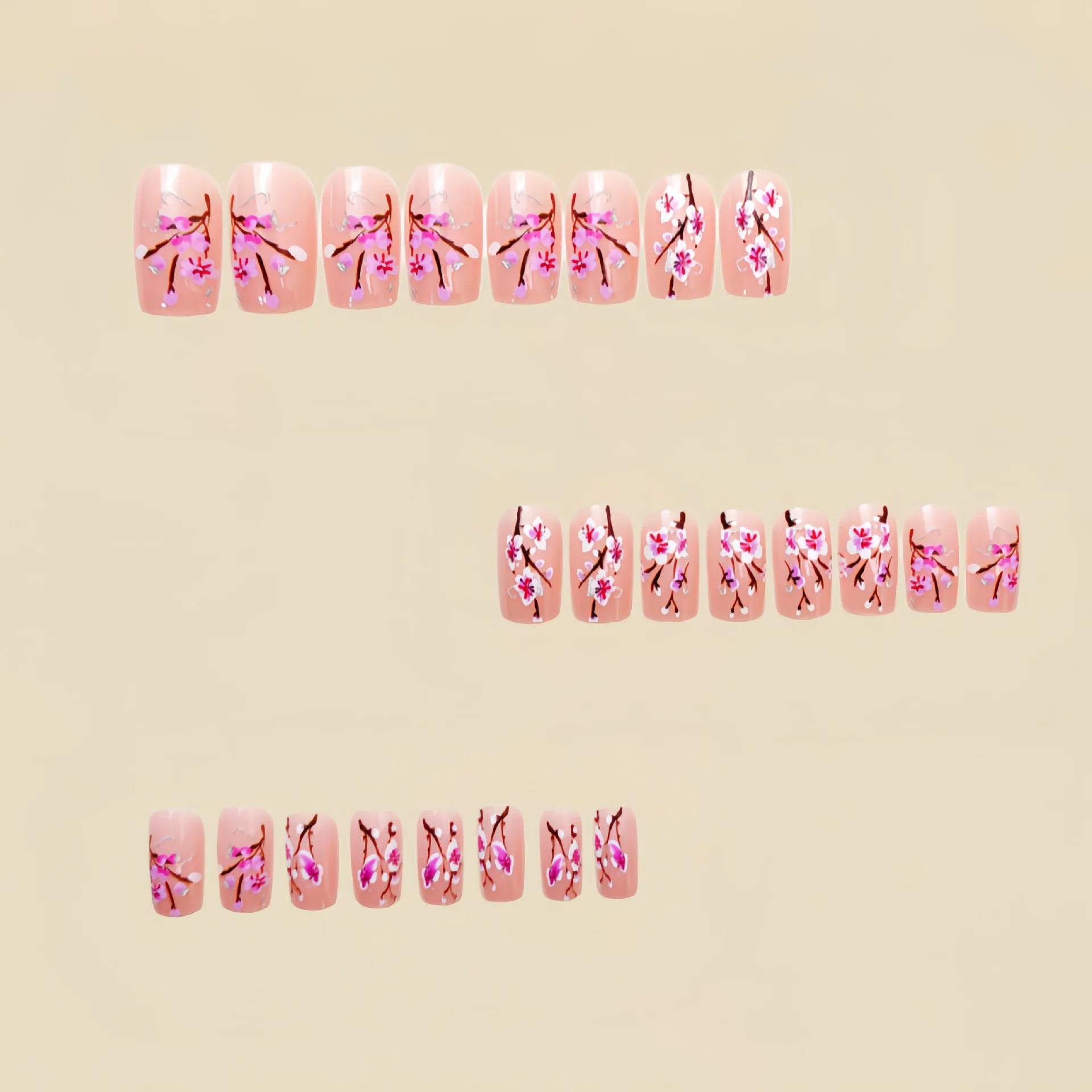 24pcs/set short medium long fake nails for Spring summer season gradient peach flowers butterfly heart press on false nail art.