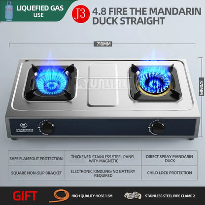 Desktop Stainless Steel Double Stove Household Bench Top Strong Fire Liquefied Natural Gas Stove.