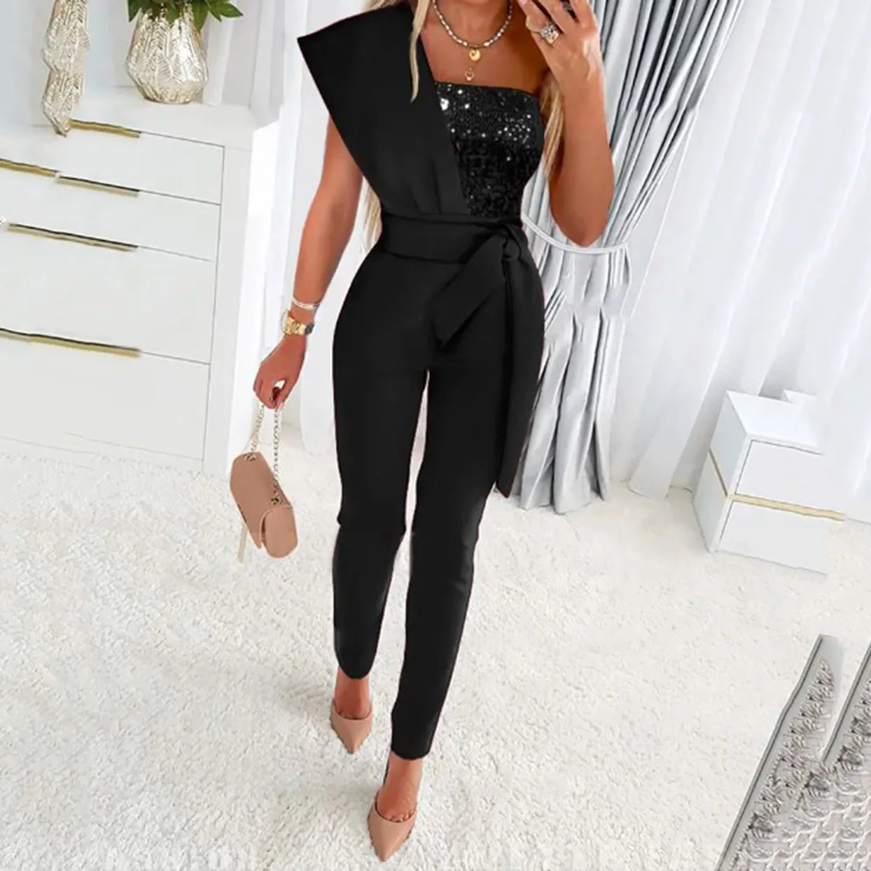 Women Jumpsuits Sleeveless Rompers Overalls Solid One Piece Pencil Pants Slim Belt Slight Strech Spliced Sequins Office Lady.