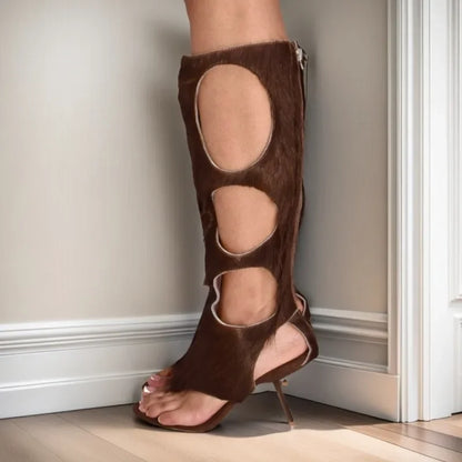 2025 New Luxury Women's Knee-High Boots | Real Horsehair Cut-Out Stiletto Heel & Rear Zipper | Evening Party Club Dress Shoes.