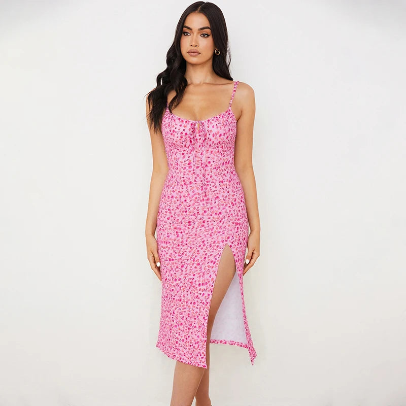 Hugcitar 2025, ärmellos, Satin, Slip, Blumenmuster, gerüscht, Bandage, Ausschnitt, Maxikleid, Frühling, Damenmode, sexy Party, Club, Robe Kpytomoa