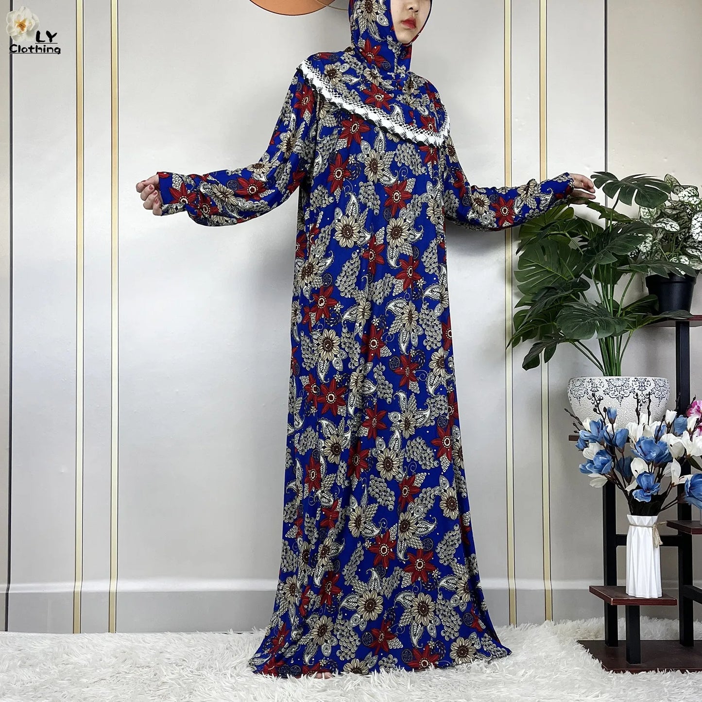 Muslim Ramadan Prayer For Women Long Sleeved Floral 2023Dubai Turkey Middle East Femme Loose Robe African Abayas Headscarf Dress.