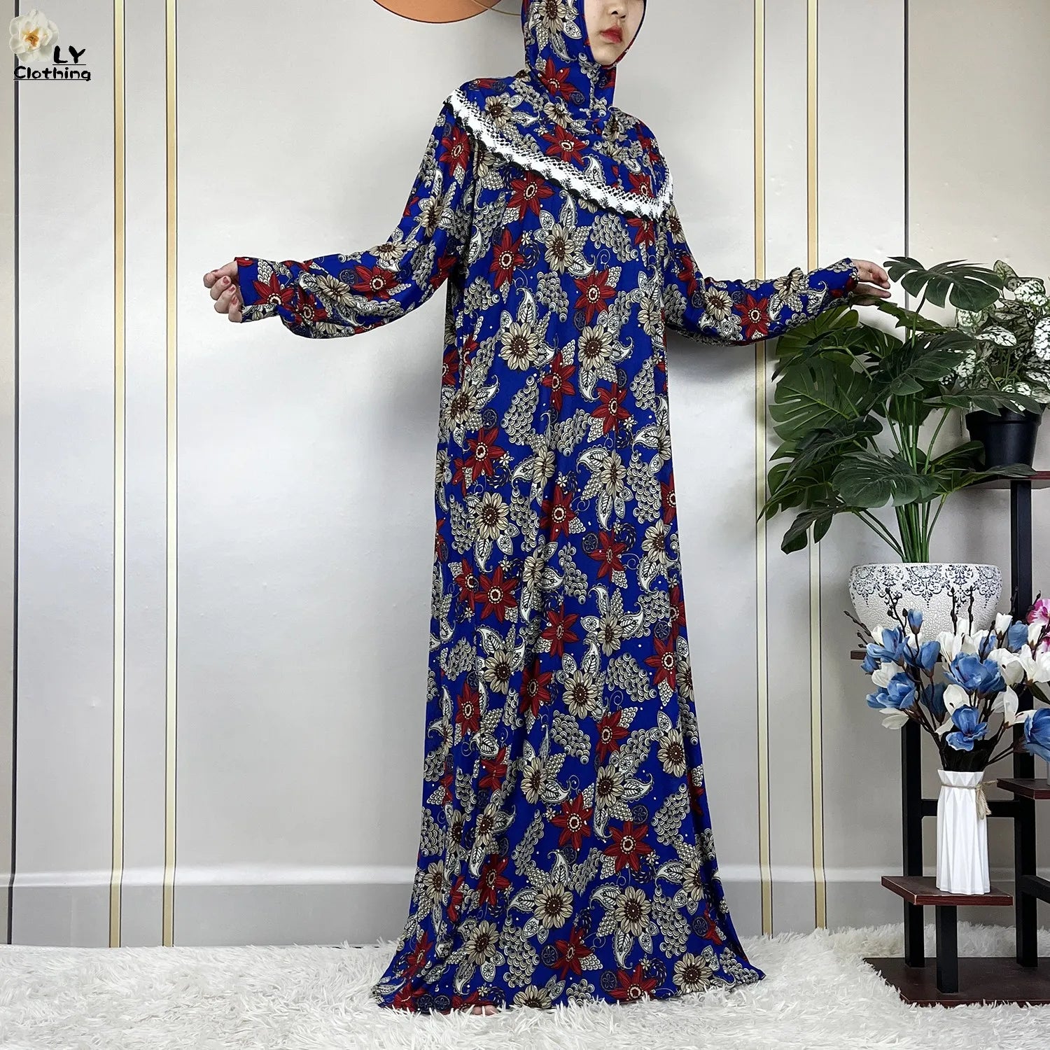Muslim Ramadan Prayer For Women Long Sleeved Floral 2023Dubai Turkey Middle East Femme Loose Robe African Abayas Headscarf Dress.