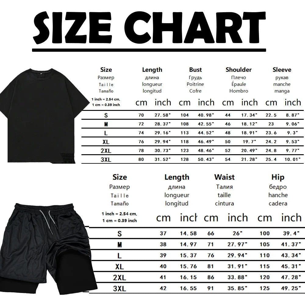 Men's Sports Streetwear Summer Breathable Casual T-shirt Set Outdoor Fitness 2-in-1 Compression Shorts Workout Track Clothes.