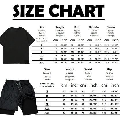 Men's Sports Streetwear Summer Breathable Casual T-shirt Set Outdoor Fitness 2-in-1 Compression Shorts Workout Track Clothes.