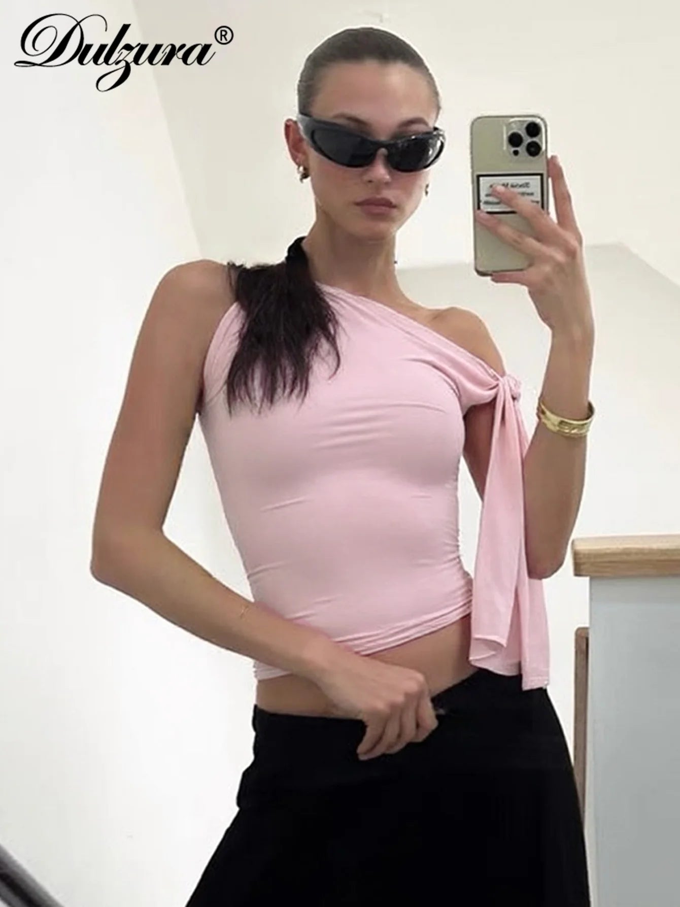 Dulzura Ladies Inclined Shoulder Sleeveless Slim Fit Lace Up Tank Top Solid Sexy Casual Y2K Top Party Club Street Summer Clothes.