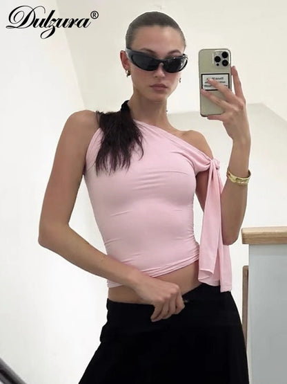 Dulzura Ladies Inclined Shoulder Sleeveless Slim Fit Lace Up Tank Top Solid Sexy Casual Y2K Top Party Club Street Summer Clothes.