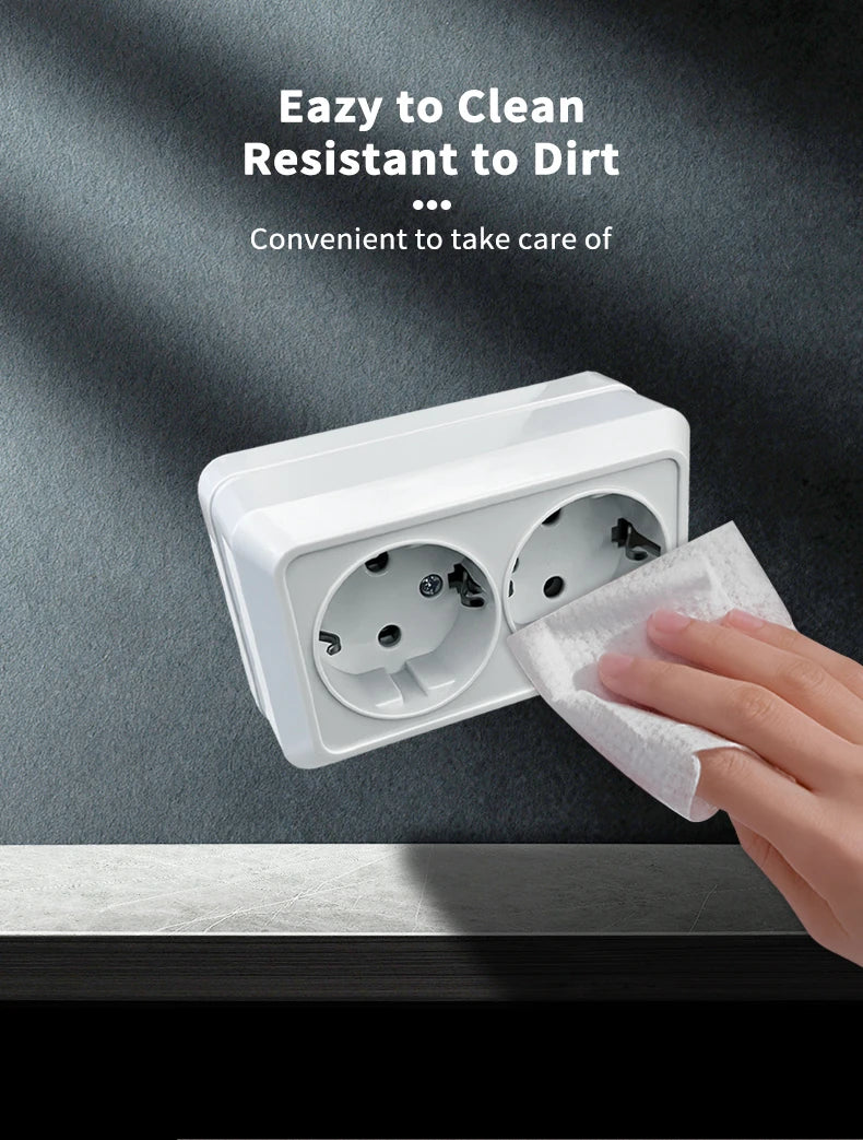 WESA Weiße Wandoberfläche, 2-Steckdosen, EU-Außensteckdosen mit Erdungssteckdose, flammhemmende Farbe aus Kunststoff.