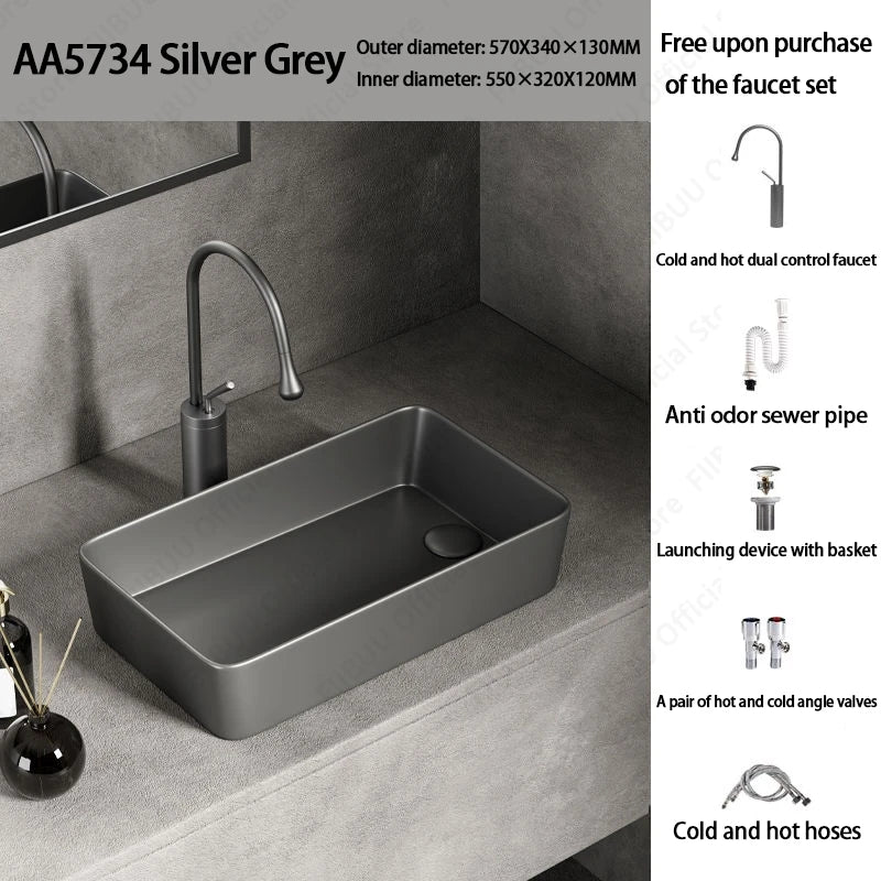 Rechteckiges silbergraues Porzellan-Keramikgefäßwaschbecken über der Theke, Toilette, Badezimmer-Schminktisch, Waschbecken, glasiertes weißes Waschbecken