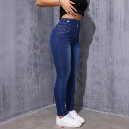 High Waist Elastic Denim Pants Slim Fit Women's Ankle Length Jeans Decorative Button Casual Fashionable Trousers.