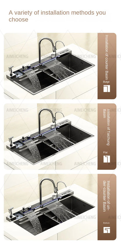 Heißer verkauf Edelstahl Wasserfall Küche Waschbecken Mit Messer Halter Digital Display Wasserhahn Set Geprägte Extra Große Einzigen Slot