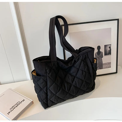 Black Large Capacity Handbag with Square Pattern, Durable Quilted Material, Multiple Pockets for Easy Storage & Cute Plush Charm.