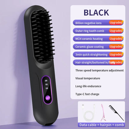 Electric Heating Straight Hair Comb LCD Screen USB Wireless Portable Negative Ion Styling Tool Rechargeable Straightening Brush