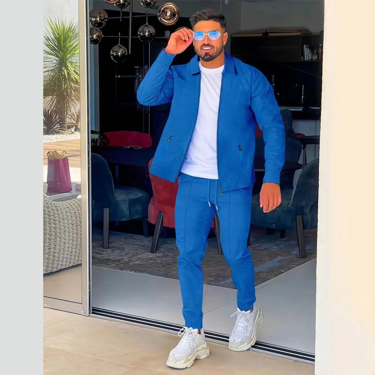 Men's Spring/Autumn Casual Long-Sleeve Zip-Up Shirt Set Loose-Fitting Pure Color Outdoor Sports And Streetwear Two-Piece Outfit.