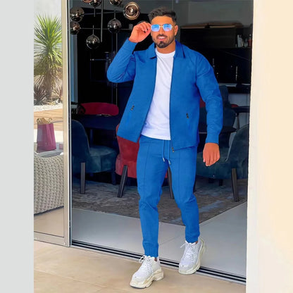 Men's Spring/Autumn Casual Long-Sleeve Zip-Up Shirt Set Loose-Fitting Pure Color Outdoor Sports And Streetwear Two-Piece Outfit.