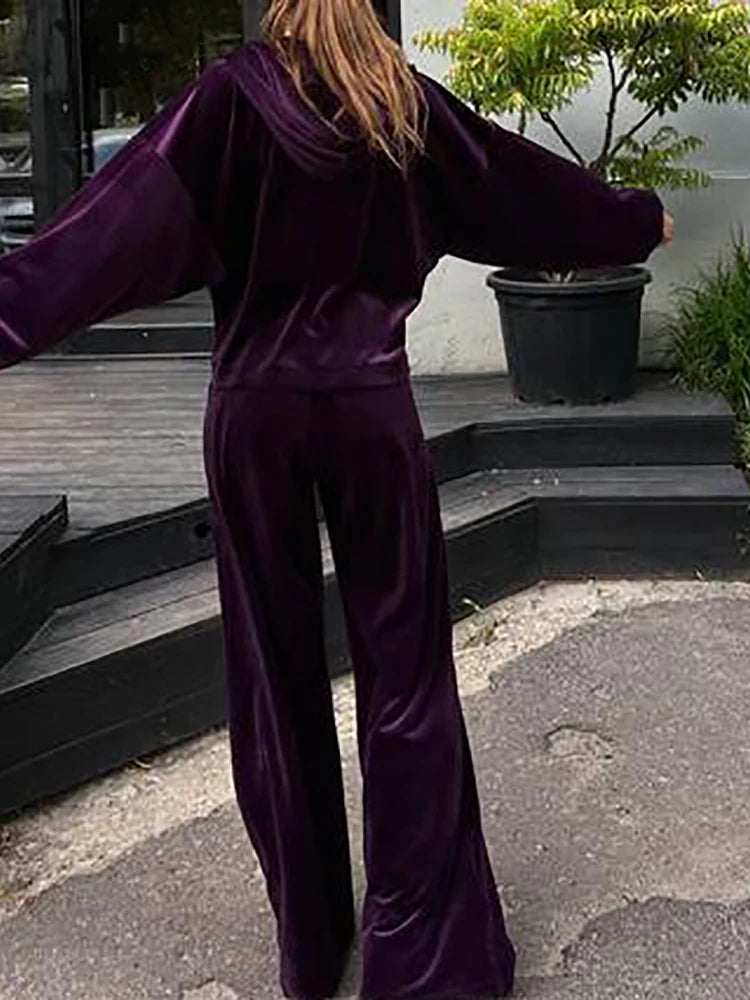 Women Autumn Hooded Coat Two Pieces Sets, Solid Patchwork Wide Leg Pants Chic Outfit, New Long Sleeve Casual Simple Ladies Suits