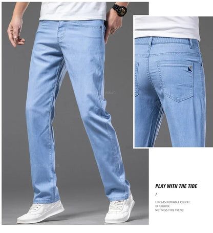 Summer Ultra Thin Men's Loose Jeans Lyocell Ice Silk Fashion Casual Business Denim Pants Straight Stretch Male Trousers.
