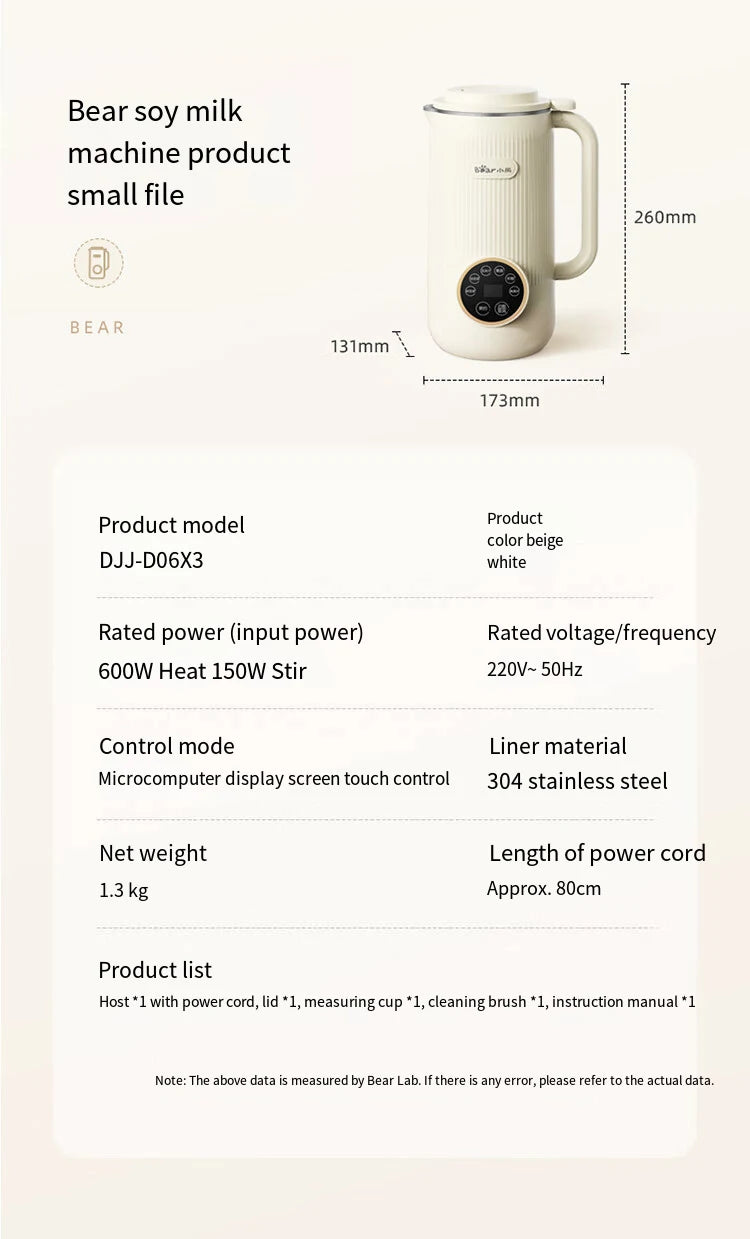 Bear 600ml Soy Milk Machine Maker Soybean Blenders For Kitchen Juicer Food Processors Nut Vegan Low Noise 220V Wall Breaking.