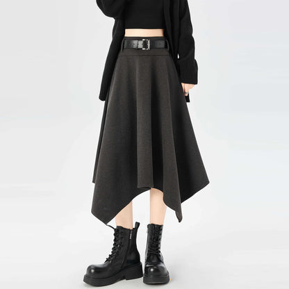 High Quality Irregular Woolen Skirt Women 2025 Autumn Winter New High Waist Slimming Midi Skirt Elegant A-line Faldas with Belt