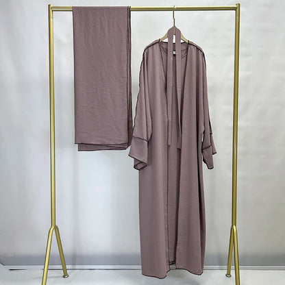 Three Piece Abaya Set With Hijab Free Belt Jazz Crepe Kimono Sleeveless Under Dress EID Ramadan Muslim Women Islamic Clothing.
