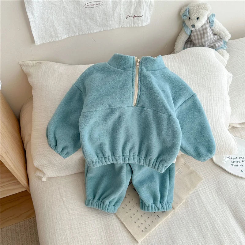 Kids Fleece Warm Set Winter Plus Velvet Outfits Long Sleeved Pullover Tops+Pants 2Pcs Autumn Children's Casual Clothing Suits.