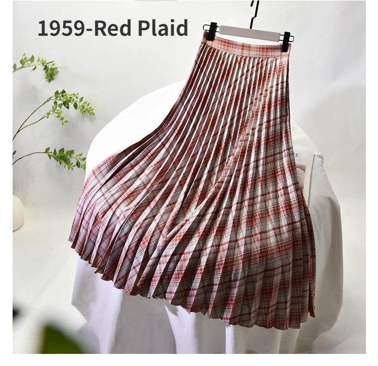 Looks Thin Pleated Skirt 2025 New High Waist A-line Skirt Mid-length Big Size Plaid Skirt Long Pleated Skirt Length 75-90cm