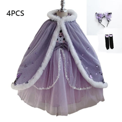 Anime Kuromi Lolita Kleid und Umhang Set Strickpullover Spleißen Mesh Prinzessin Kleid Partykleid Herbst Winter Urlaub Geschenk