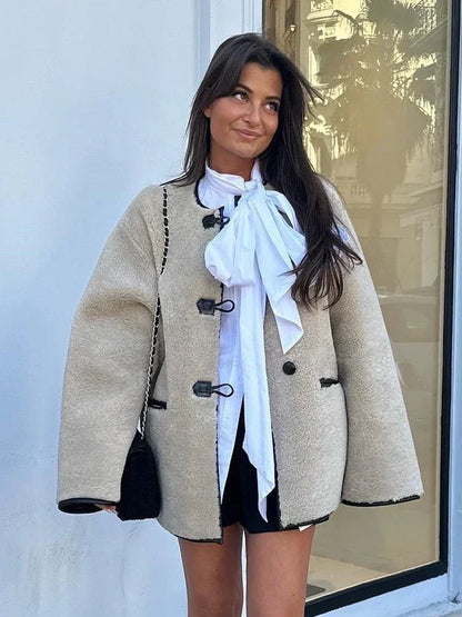 Women's Faux Wool Warm Loose Jacket Coat Retro Round Neck Single Breasted Double Pocket Casual Overcoat Winter Female Chic Coat.