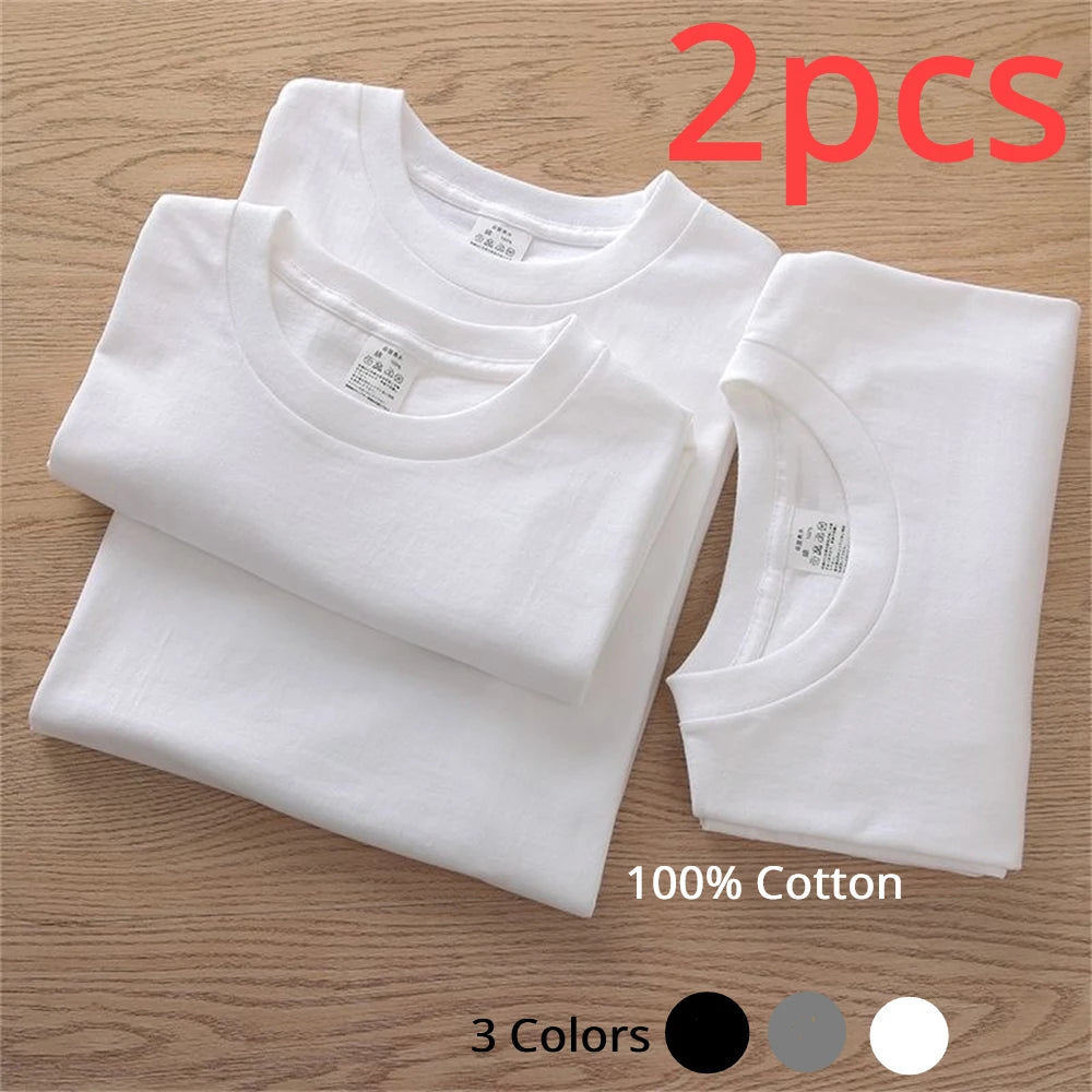 2PCS 100% Cotton Solid T Shirts Men's and Women's Short Sleeve White Tees Casual Breathable Loose Round Neck T-shirt Couple Tops.