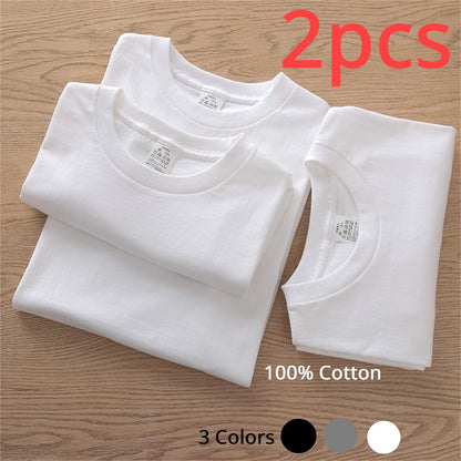 2PCS 100% Cotton Solid T Shirts Men's and Women's Short Sleeve White Tees Casual Breathable Loose Round Neck T-shirt Couple Tops.