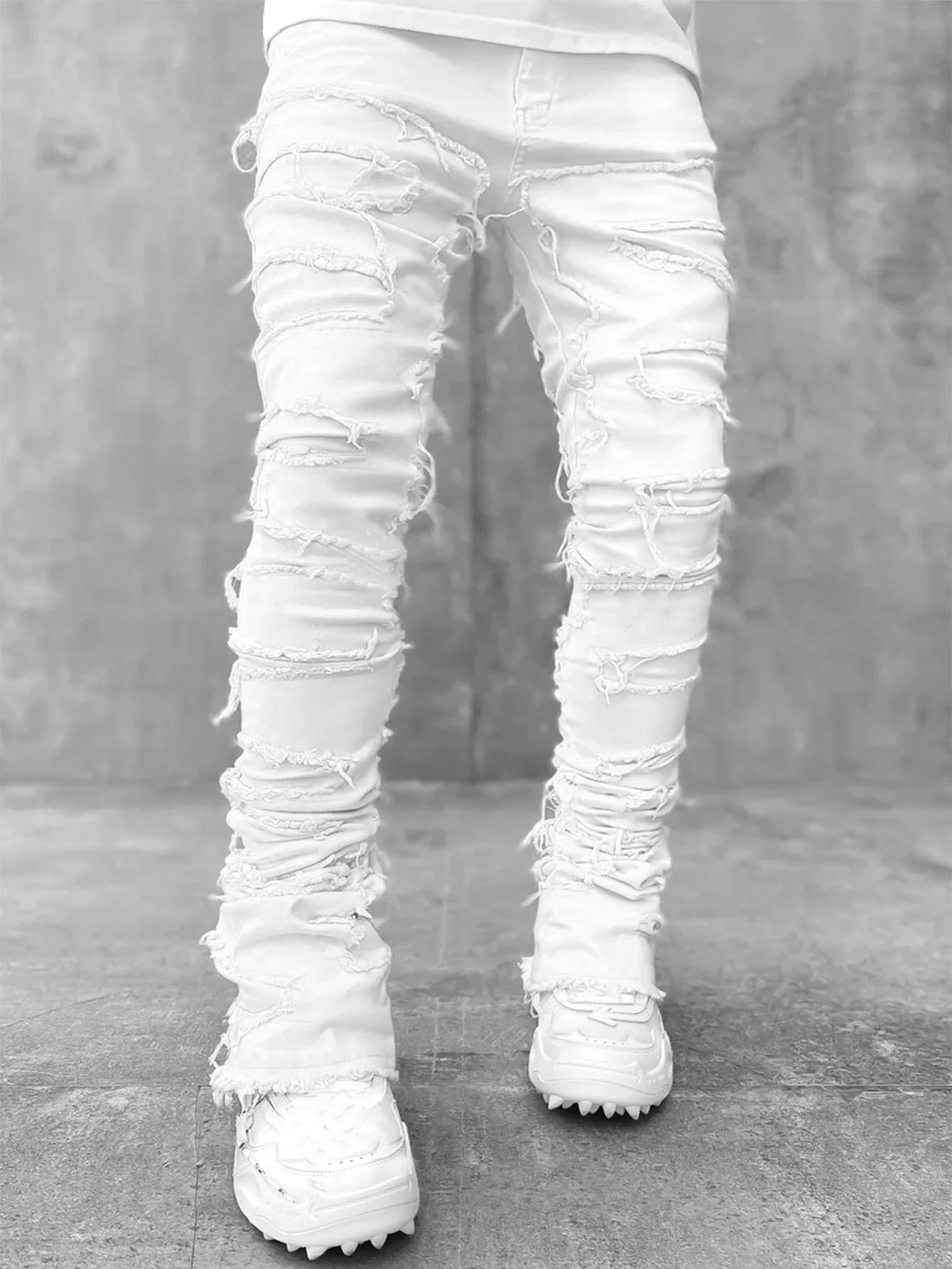 Men's Regular Fit Stacked Jeans Ripped Slim Fit Patch Distressed Destroyed Straight Denim Pants Hip Hop Streetwear Trouser Cloth.