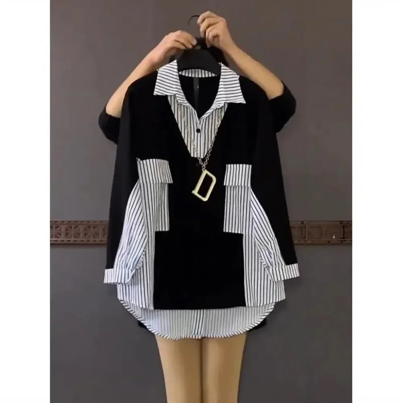 Plus Size Women's Loose-Fit Slimming Medium-Length Color Blocking Striped Shirt Fashionable Top Stylish Hiding Body Shape.