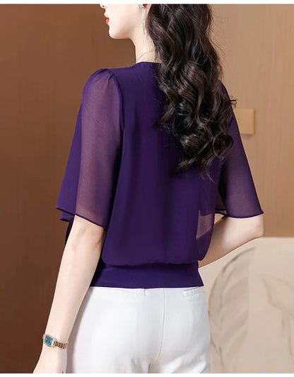 Summer Clothing Half Sleeve Chiffon Blouse 2025 New Fashion Loose Women Tops Solid Color Casual Pullovers Shirt.