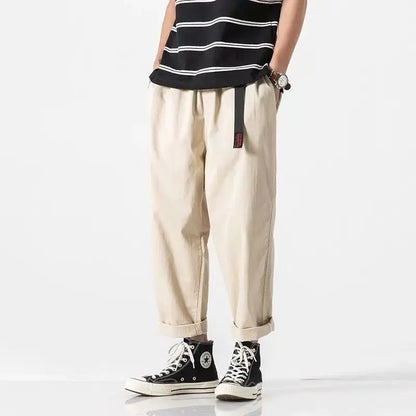 100% Cotton Casual Summer Pants With Belt Men Straight Baggy Ankle-Length Cargo Trousers Wide Leg Sweatpants Male Streetwear.
