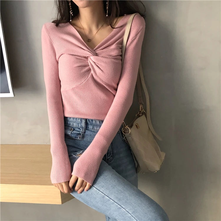 Herbst Winter Dünne Gestrickte Hemd Frauen Pullover Pullover Tops Weibliche Lange Hülse Elastische V-ausschnitt Dünne Pullover Stricken Shirts