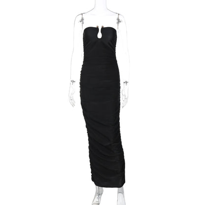 Dulzura ärmelloses, trägerloses, plissiertes Maxikleid mit Knopf, sexy, elegantes langes Kleid für Damen, Party, Club, Büro, Frühling und Sommer.
