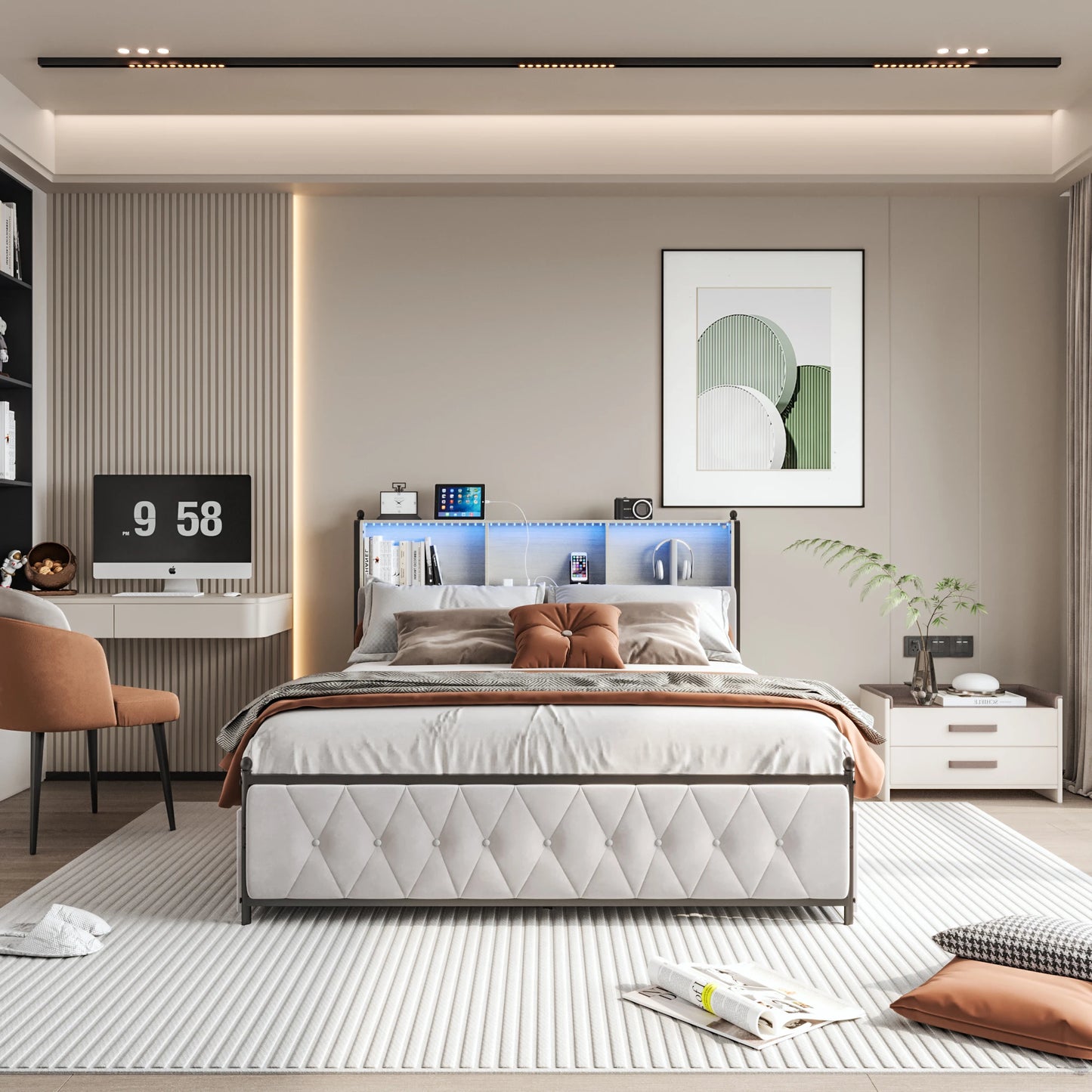 Lazyspace Bettgestell 160 x 200 cm, gepolstertes Bett mit Schubladen und 2 Ladeanschlüssen, Doppelbett mit LED-Kopfteil, ohne Matratze