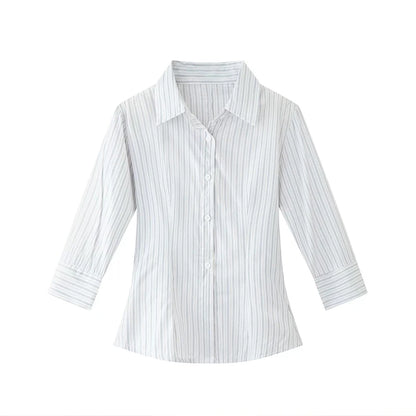 Genayooa Korean Style Casual Shirt Women Three Quarter Striped Shirts 2000s Japanese Y2k Vintage Tops Slim Retro Shirts Summer.