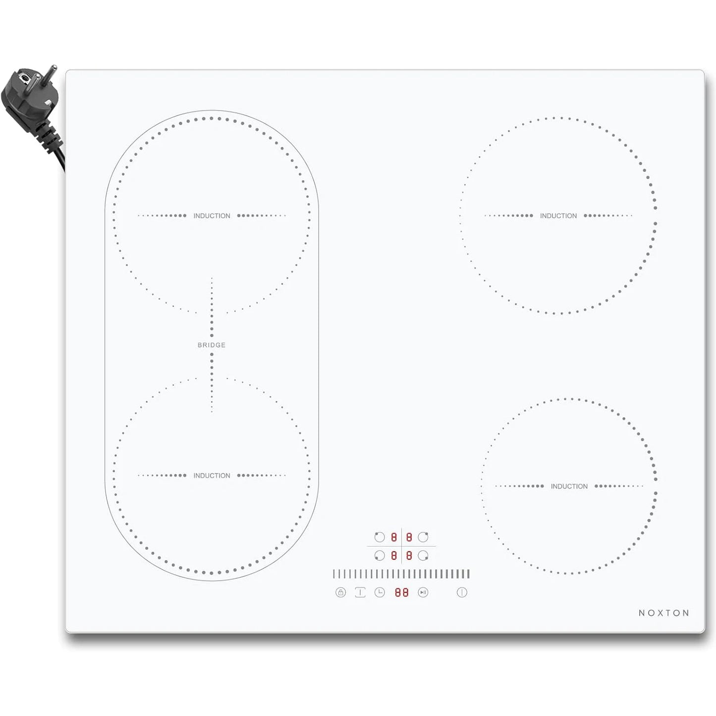 NOXTON White/Black Induction Hob Plug in, (UK:2800W/EU:3500W) 4 Zones with 1 Grill Zone, 60CM Touch, Safety Lock,Ceramic Glass.
