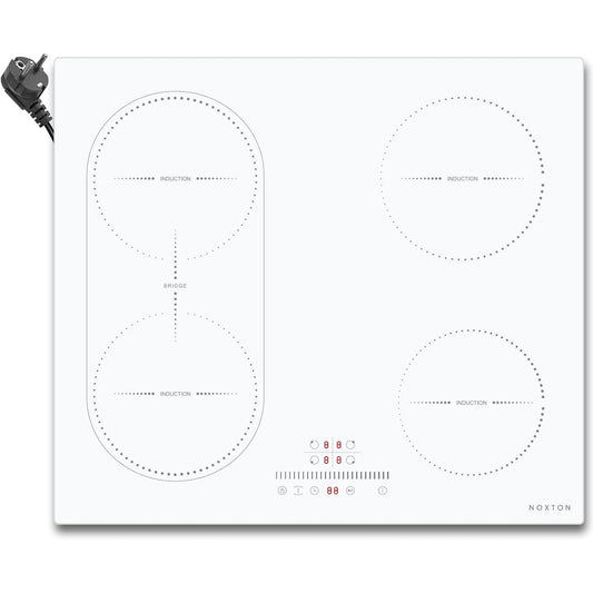 NOXTON White/Black Induction Hob Plug in, (UK:2800W/EU:3500W) 4 Zones with 1 Grill Zone, 60CM Touch, Safety Lock,Ceramic Glass.