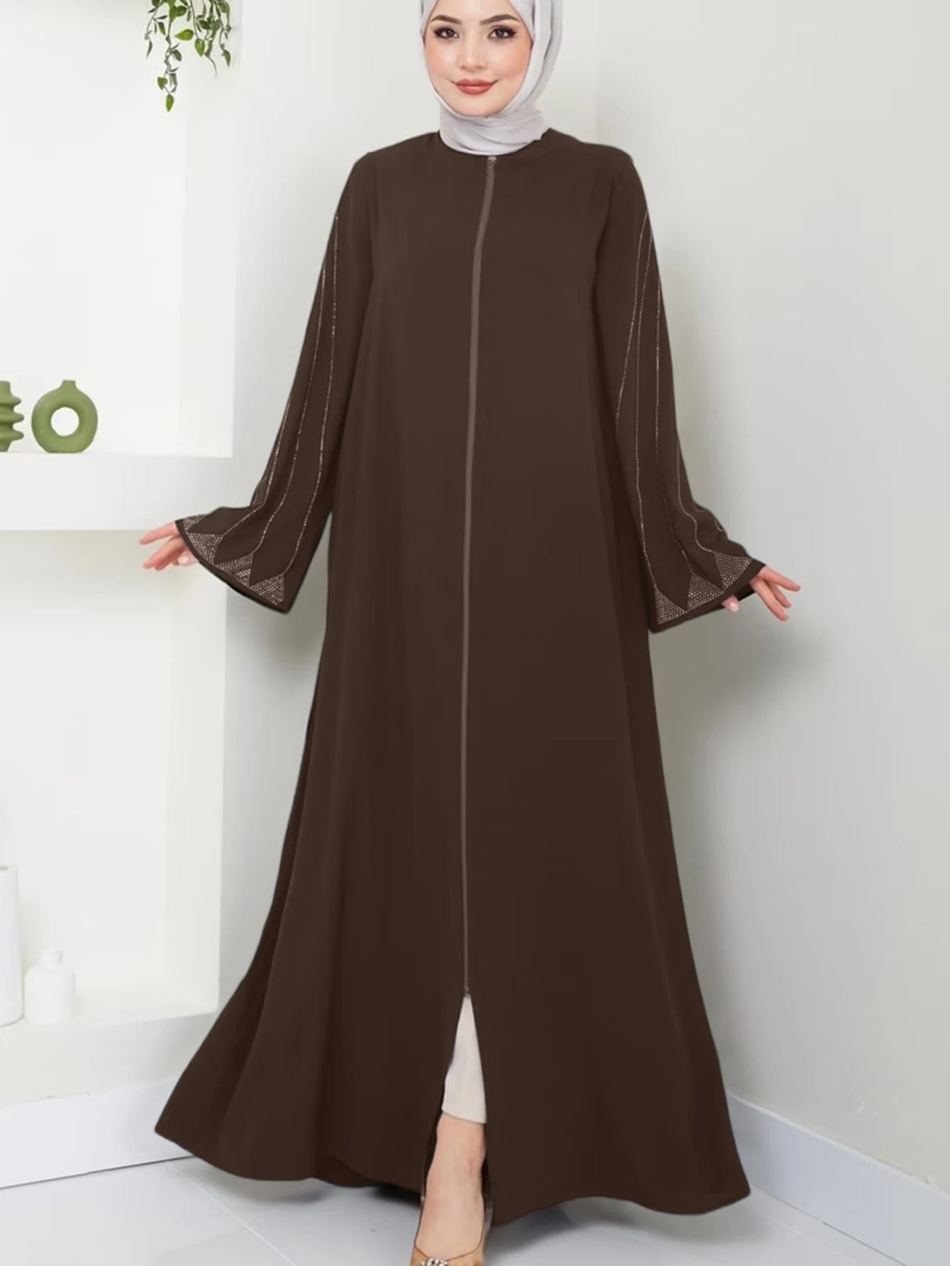 Muslim Fashion Women's Hot Diamond Long Sleeve Loose Coffee Style Elegant Dress.