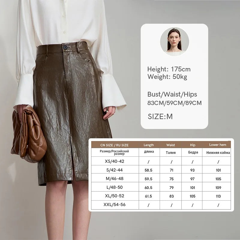 AMII Minimalist PU Leather Skirt For Women 2025 American Retro Knee-Length Skirt Solid Basics Business Women's Clothing 12553014