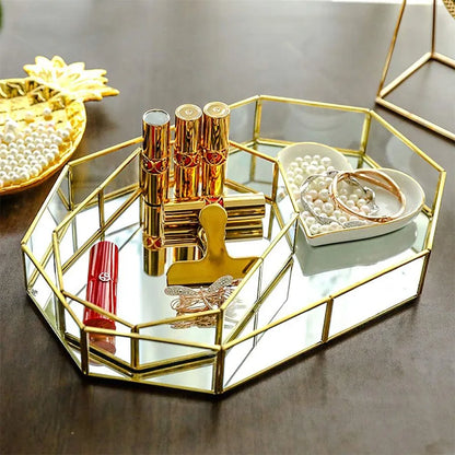 Storage Glass Storage Tray Home Kitchen Golden Tray Simple Jewelry Cosmetic Decoration Retro Copper Tea Storage Trays.