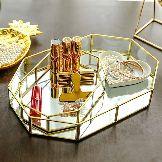 Storage Glass Storage Tray Home Kitchen Golden Tray Simple Jewelry Cosmetic Decoration Retro Copper Tea Storage Trays.